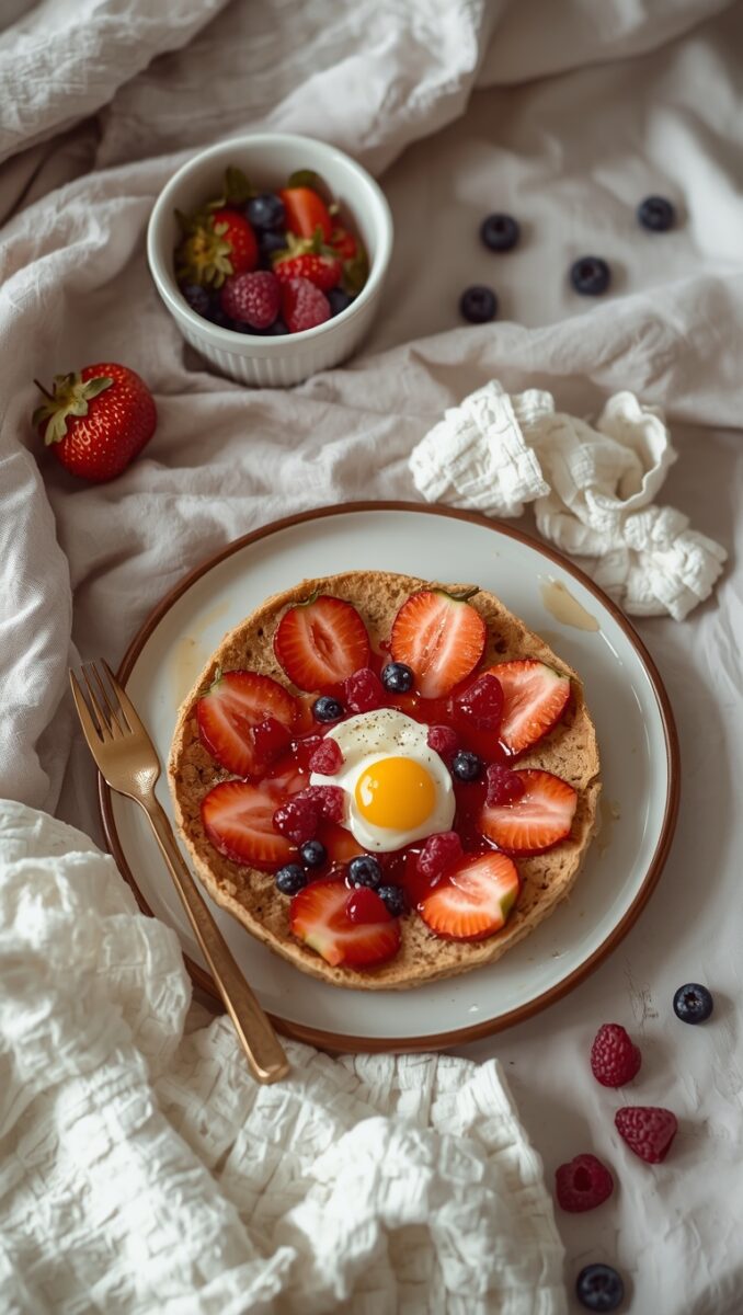 Pancake topped with fresh strawberries, blueberries, raspberries, and a fried egg center on a white plate with gold cutlery