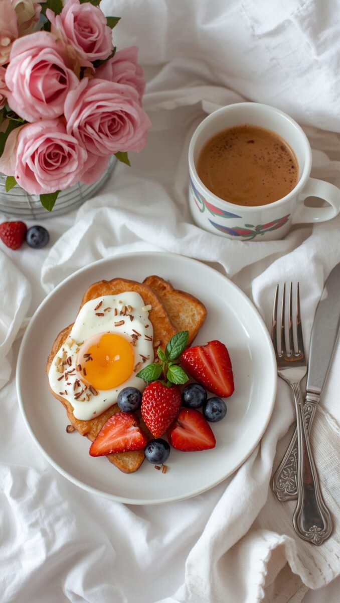 Breakfast plate with fried egg on toast, fresh strawberries and blueberries, coffee cup, and pink roses