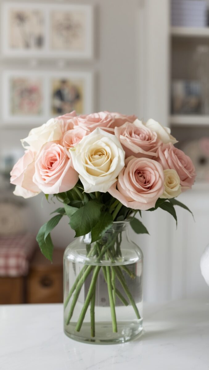 Bouquet of soft pink and cream roses in a clear glass vase on a white marble surface