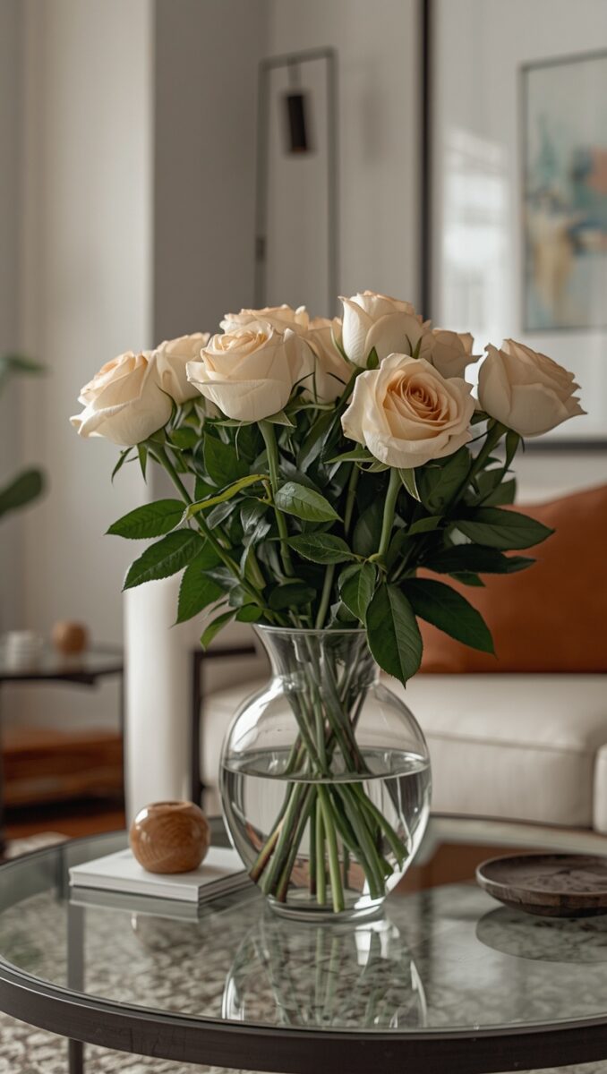 Cream roses in clear glass vase on glass coffee table in modern living room with white sofa