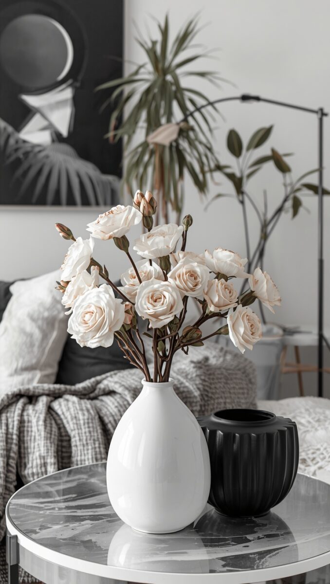 White ceramic vase with cream roses on marble coffee table beside black vase in modern living room
