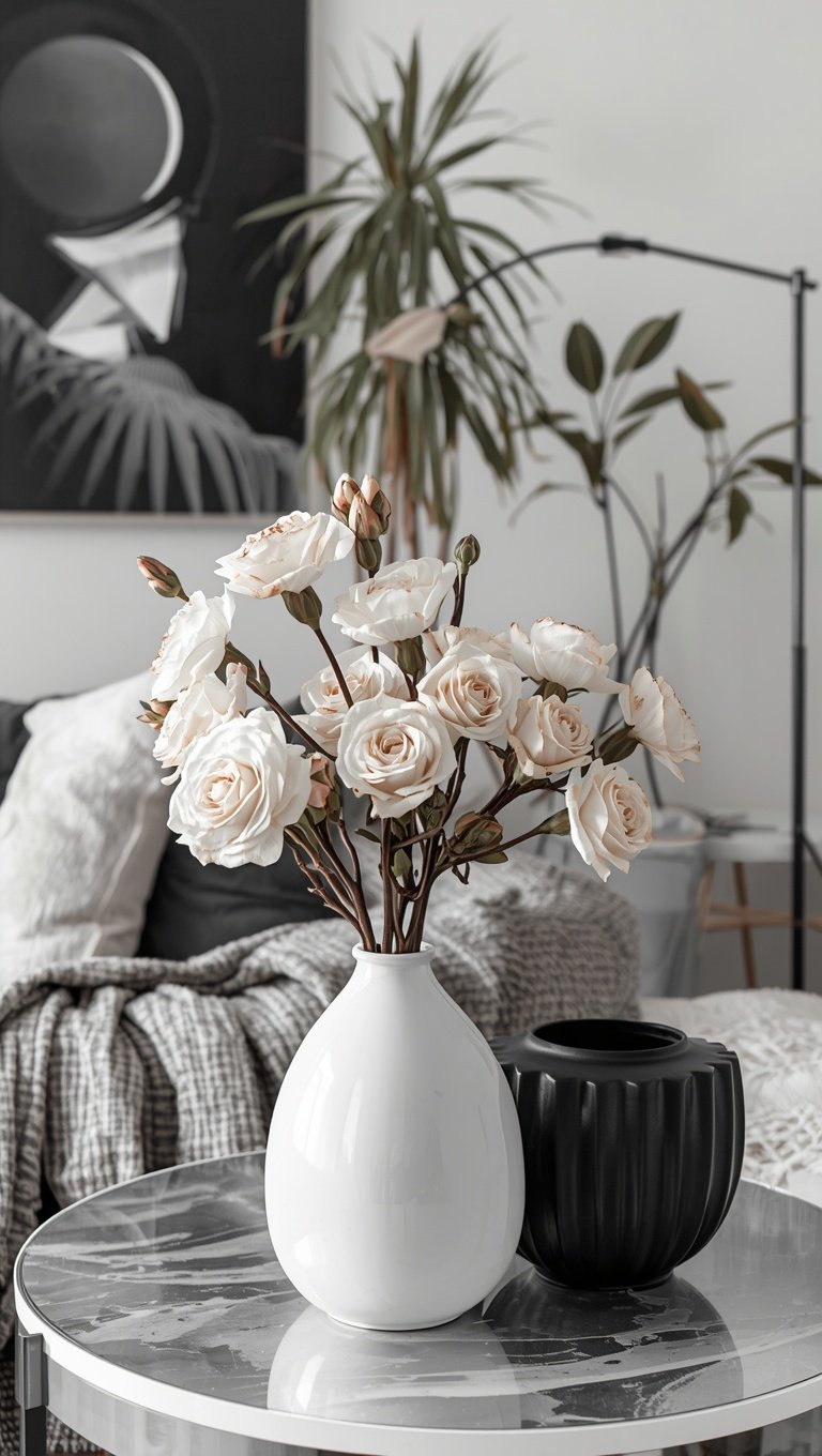 White ceramic vase with cream roses on marble coffee table beside black vase in modern living room