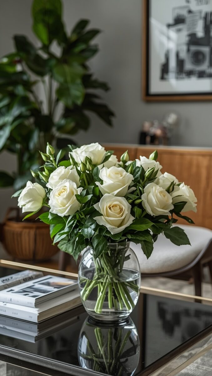 White roses bouquet in clear glass vase on black glass coffee table in modern living room