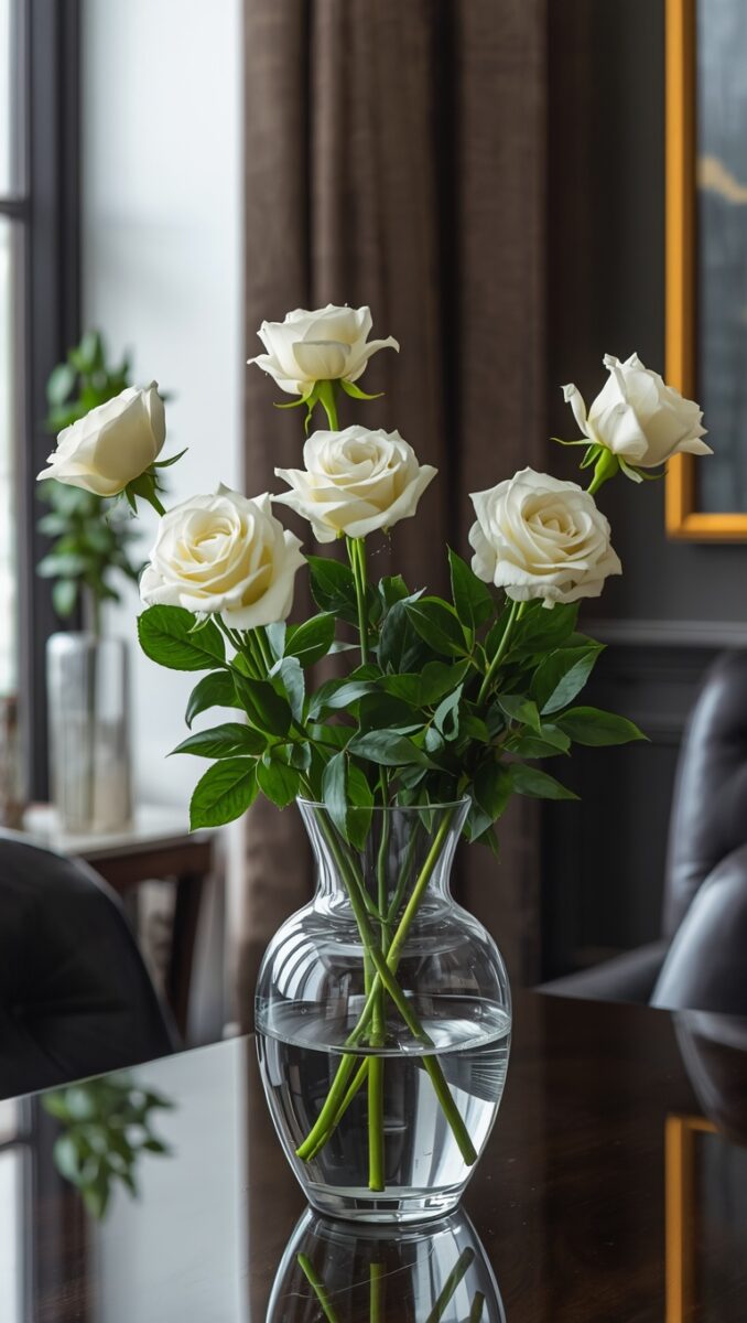 Six white roses in a clear glass vase with water on a reflective glass table in an elegant living room