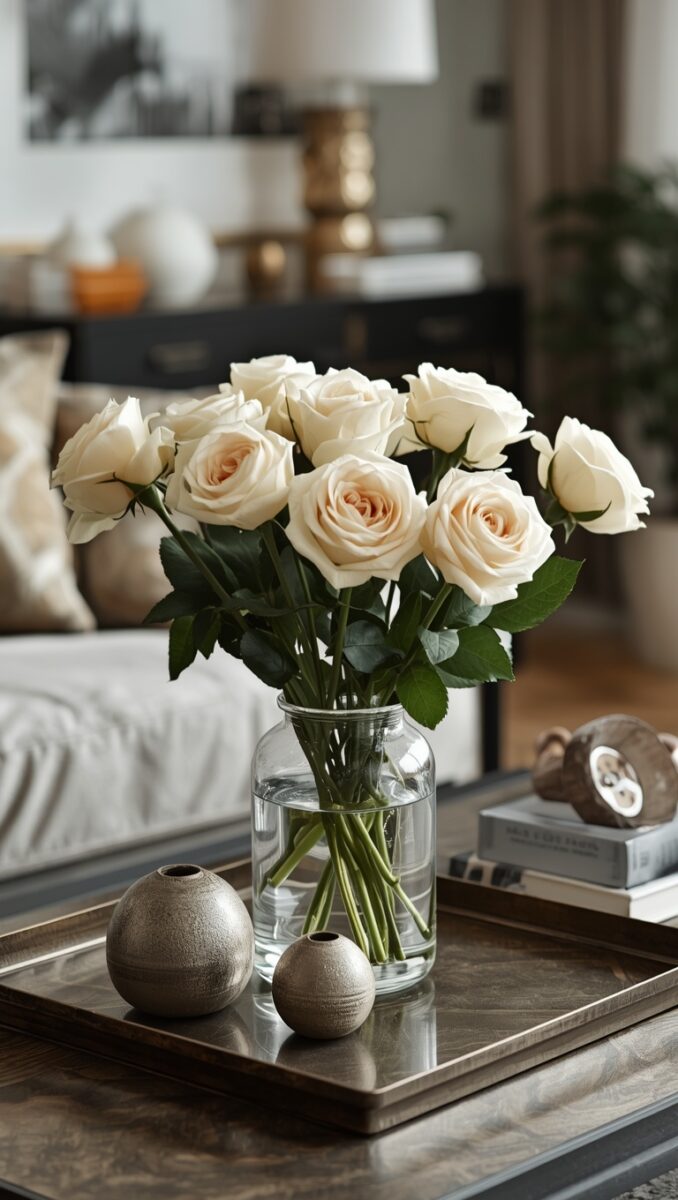 Cream white roses in clear glass vase on decorative tray with metallic sphere accents on coffee table