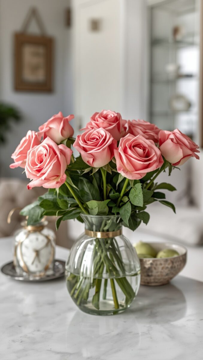 Pink roses bouquet in clear glass vase with gold rim on white marble table in elegant home interior
