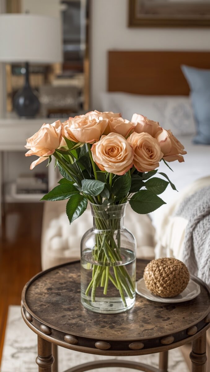 Bouquet of peach roses in a clear glass vase on a vintage round side table in a cozy bedroom