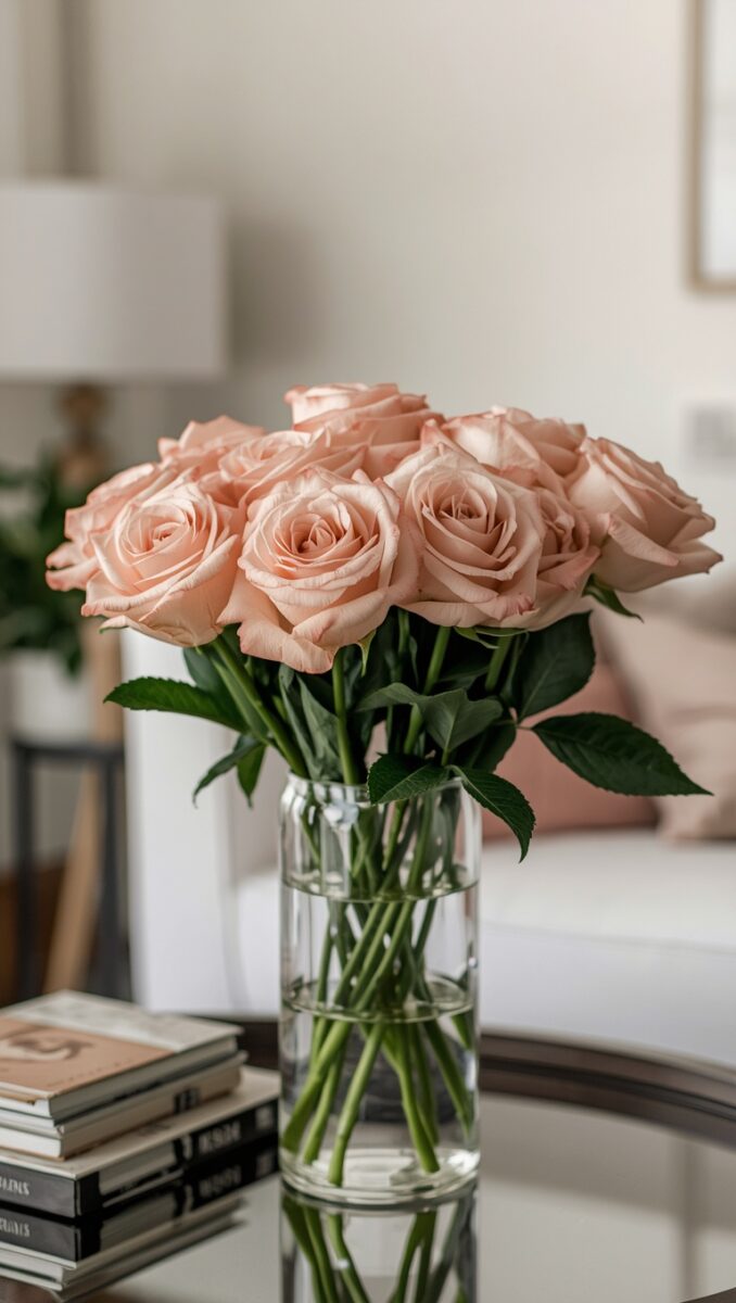 Bouquet of peach pink roses in a clear glass vase on a glass coffee table with stacked books