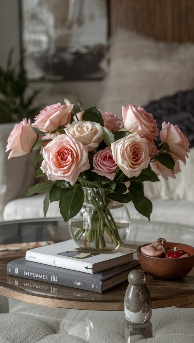 Pink and cream roses in a clear glass vase on a coffee table with stacked books and decorative bowl