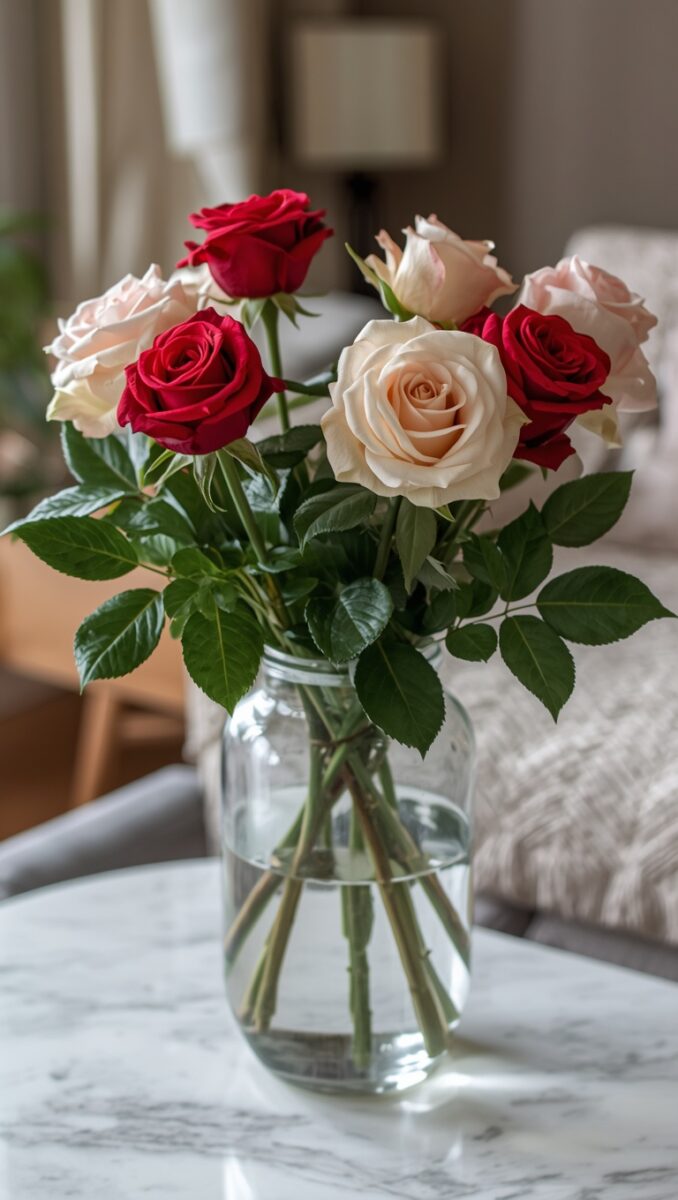 Glass vase with red and pink roses on a white marble table in a cozy living room
