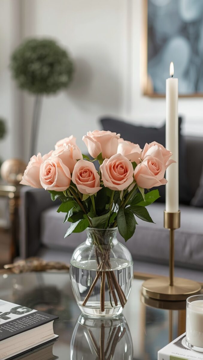 Pink roses in clear glass vase on coffee table with lit white taper candle in gold holder