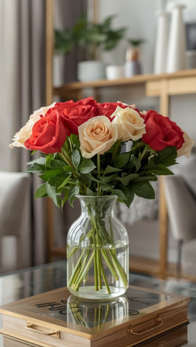 Red and cream roses in a clear glass vase on a wooden tray atop a glass coffee table in a modern living room