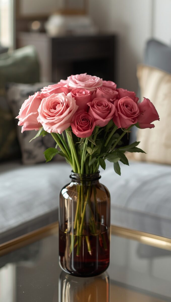 Pink and dark pink roses in a dark amber glass vase on a gold-rimmed glass coffee table in a living room