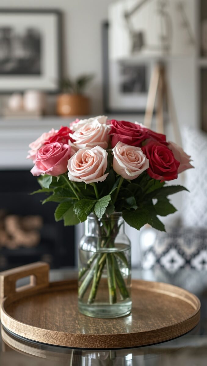 Mixed bouquet of red, pink, and blush roses in a clear glass vase on a wooden tray