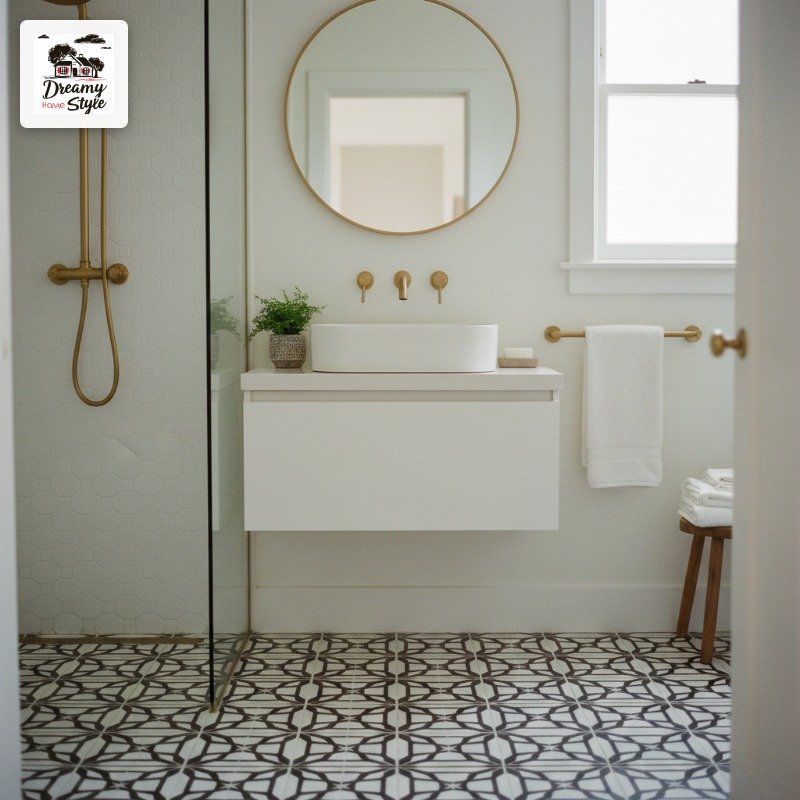 Modern bathroom with white floating vanity, gold fixtures, round mirror, vessel sink, and patterned floor tiles