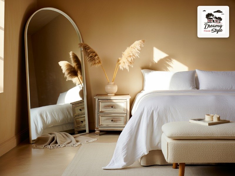 Warm boho bedroom with arched floor mirror, distressed nightstand, pampas grass decor, and white bedding