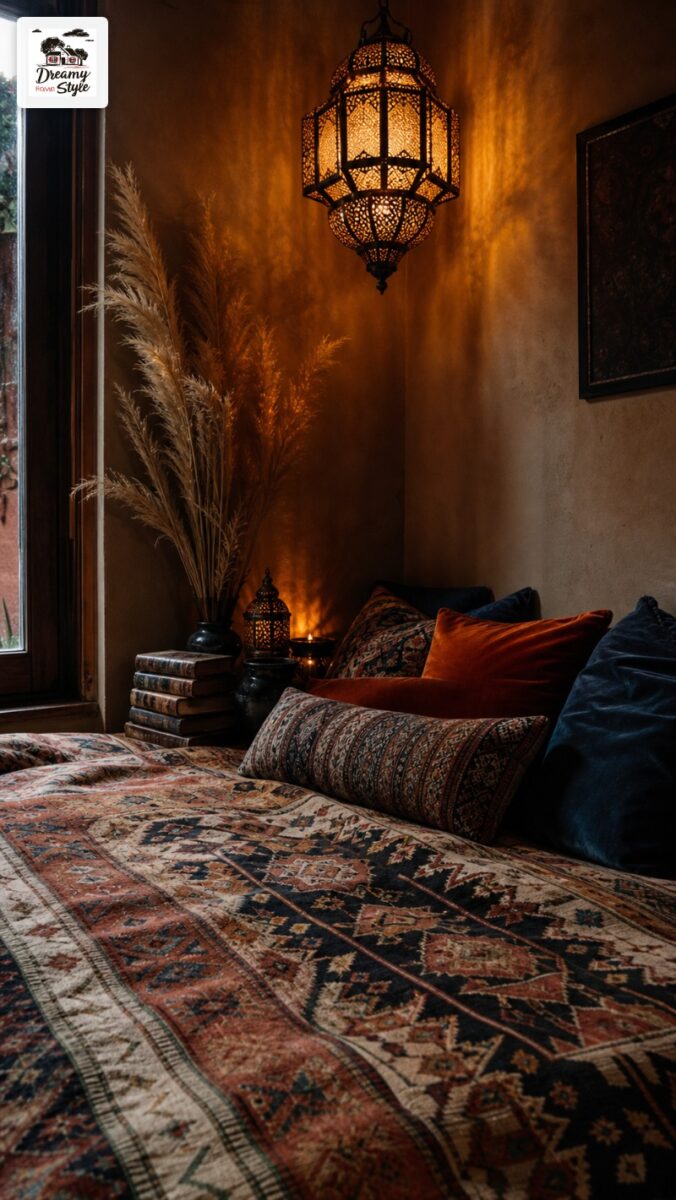 Moroccan-style bedroom with ornate hanging lantern, patterned kilim bedding, velvet pillows, and pampas grass decor