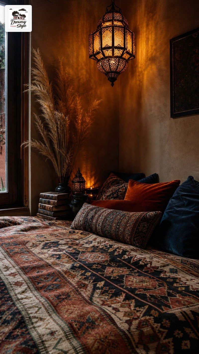 Moroccan-style bedroom with ornate hanging lantern, patterned kilim bedding, velvet pillows, and pampas grass decor