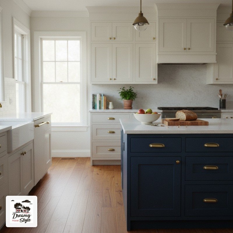 Classic white kitchen with navy blue island, brass hardware, quartz countertops, and hardwood floors