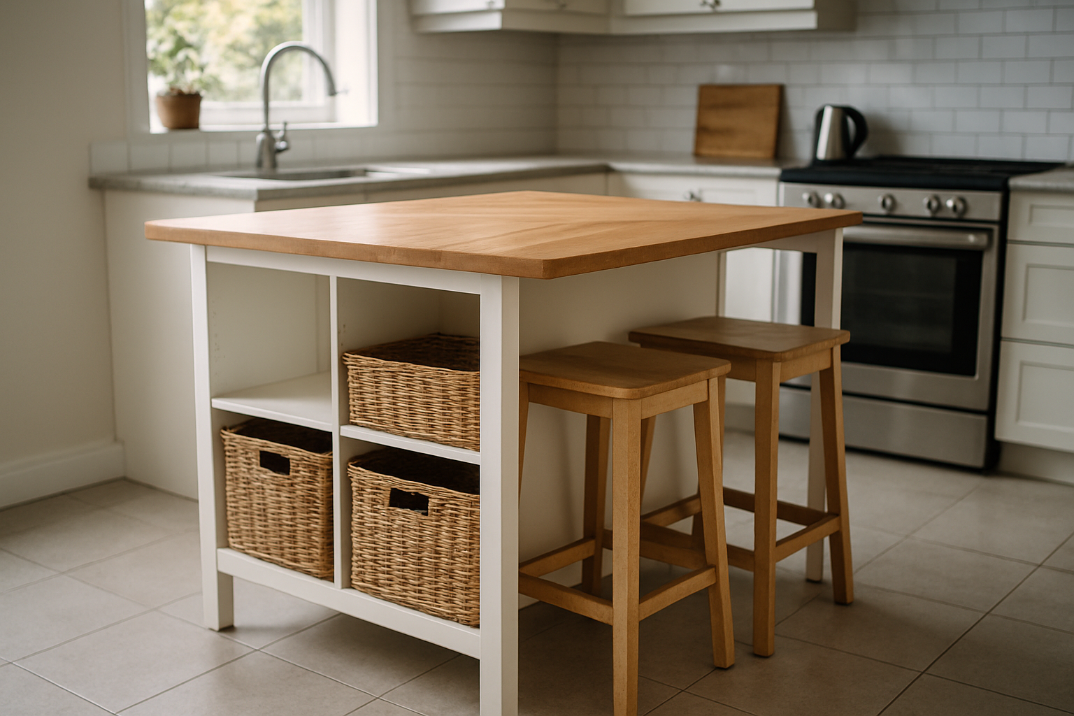As a kitchen island, with a butcher-block top and baskets in the cubes