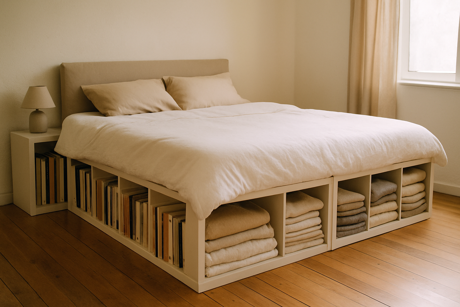 Two low units as a platform bed base, storage built into the frame