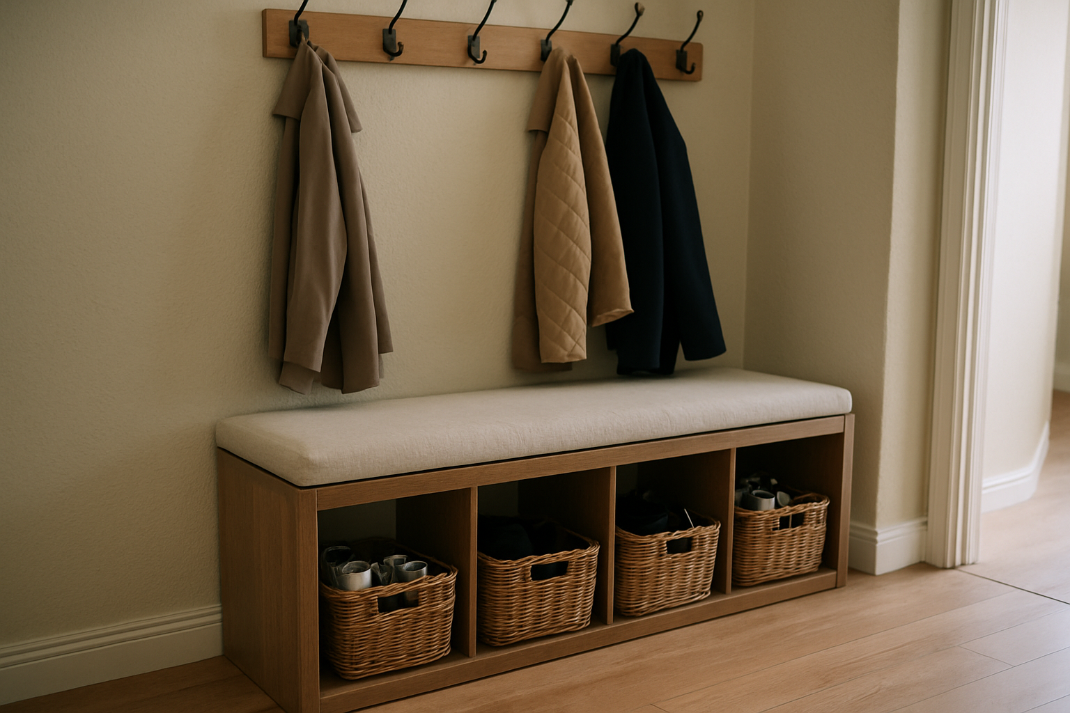 On its side as an entryway bench, shoes in the cubes below