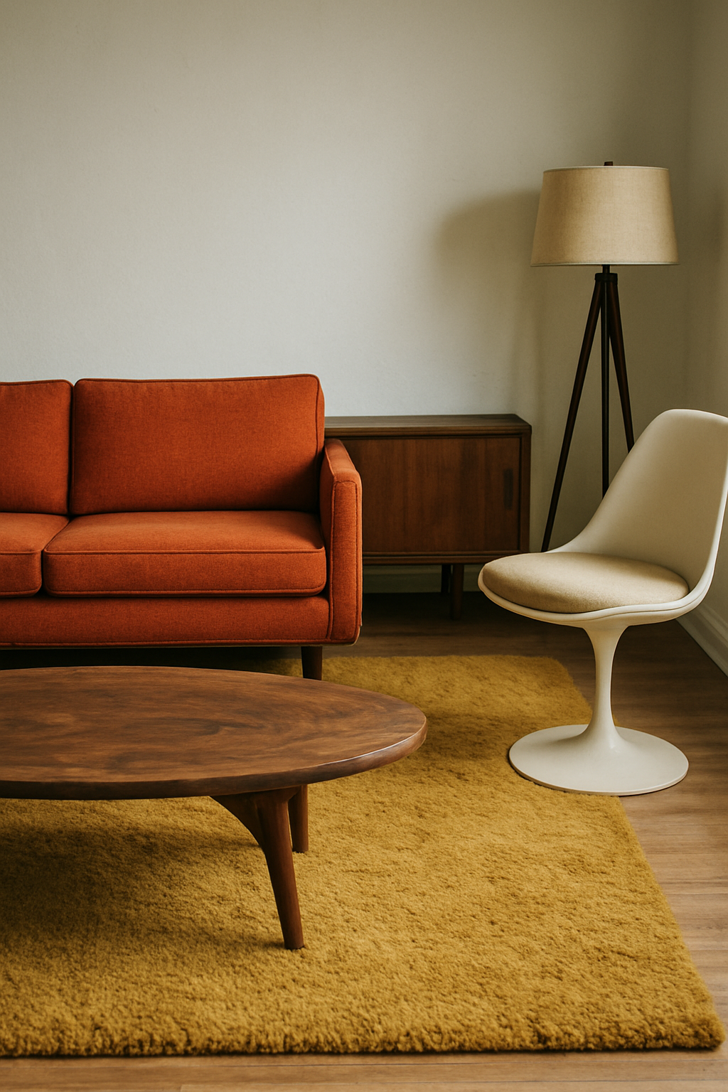 Mid-Century Modern Living Room Layout — a furnished plan to start from