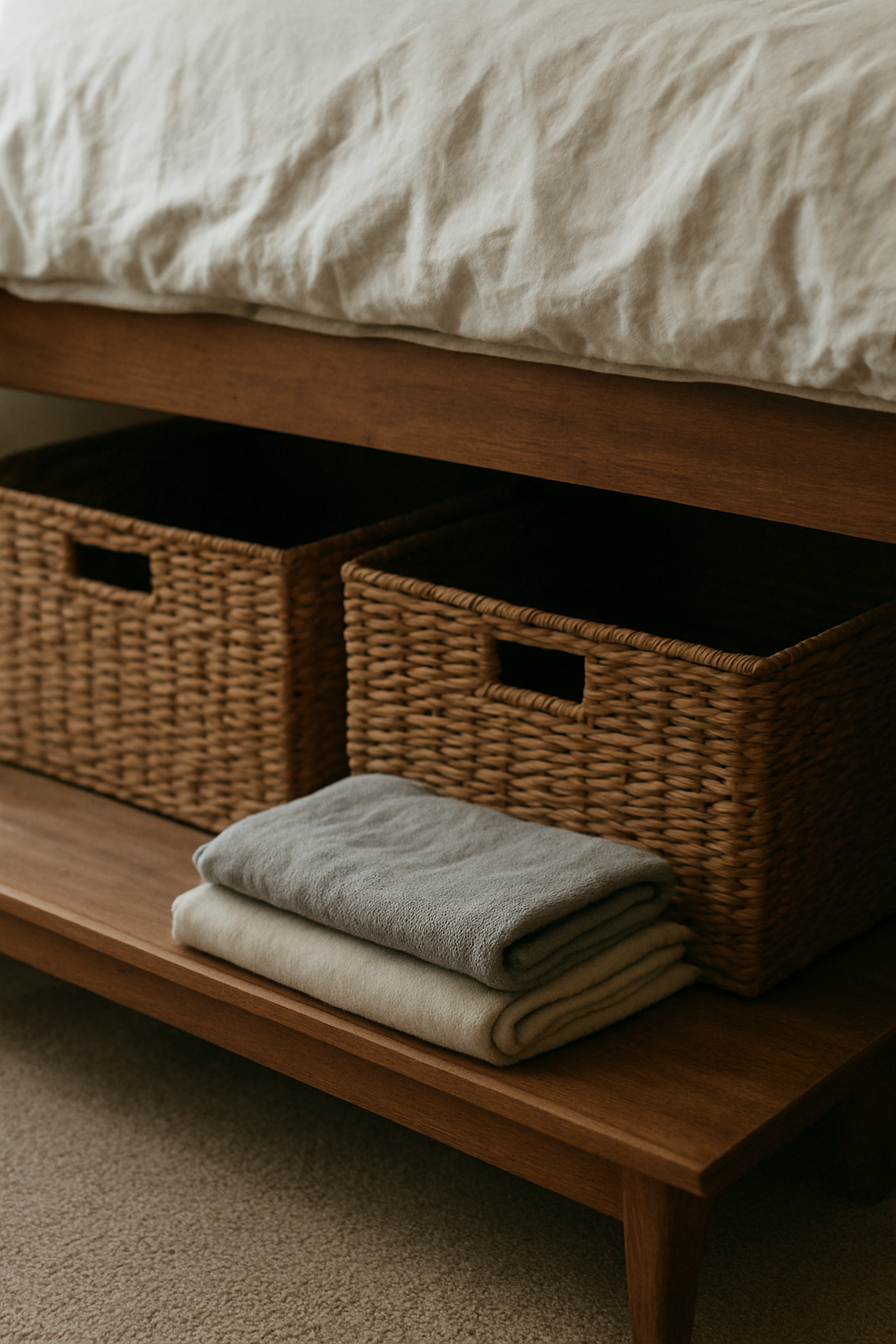 Tuck Storage Under and Behind Instead of Adding a Dresser