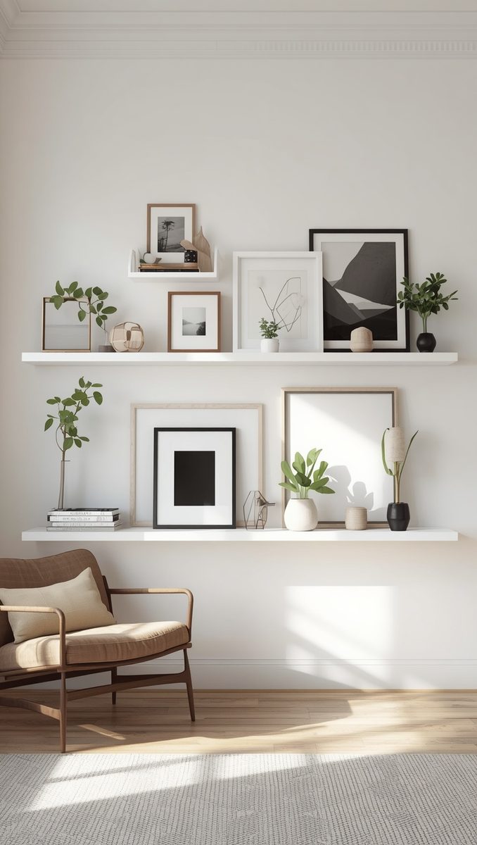 Picture ledge wall with frames leaning casually in place