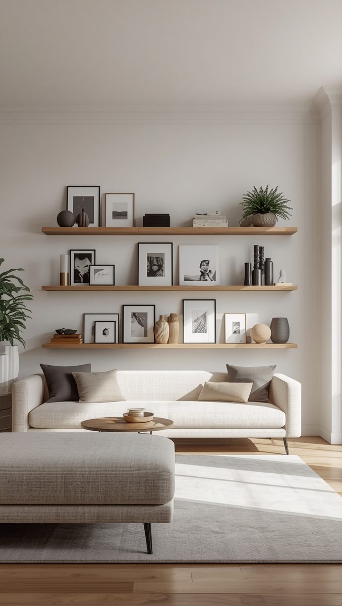 Picture ledge wall with a raised lip holding the frames in place
