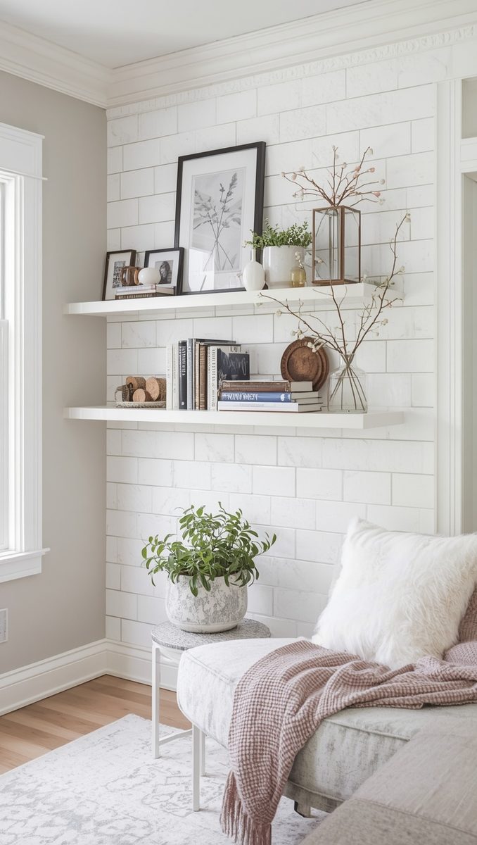 Picture ledge wall with frames layered and overlapping