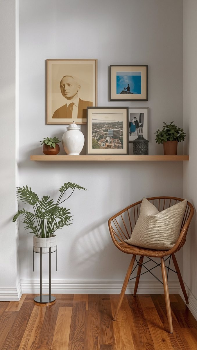 Picture ledge wall mixing frames with small decorative objects