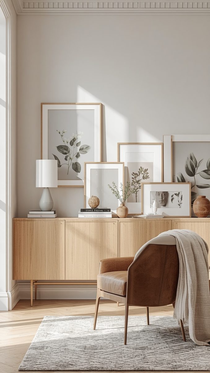 Picture ledge wall with frames stepped at varying heights