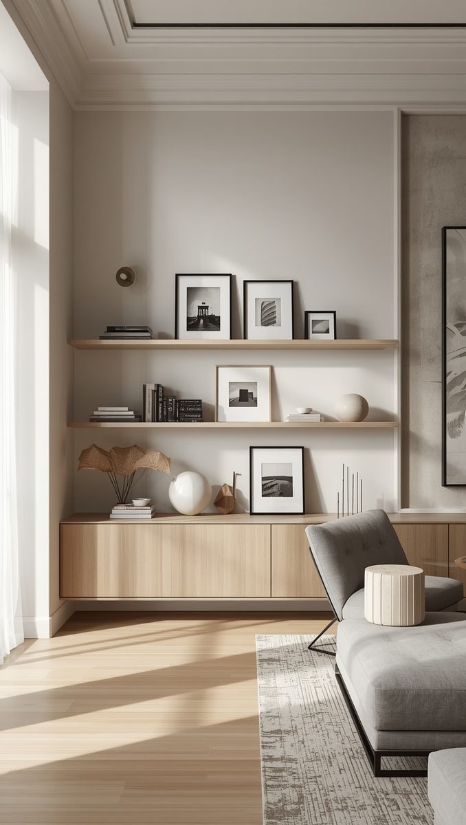 Picture ledge wall styled with a coordinated color palette