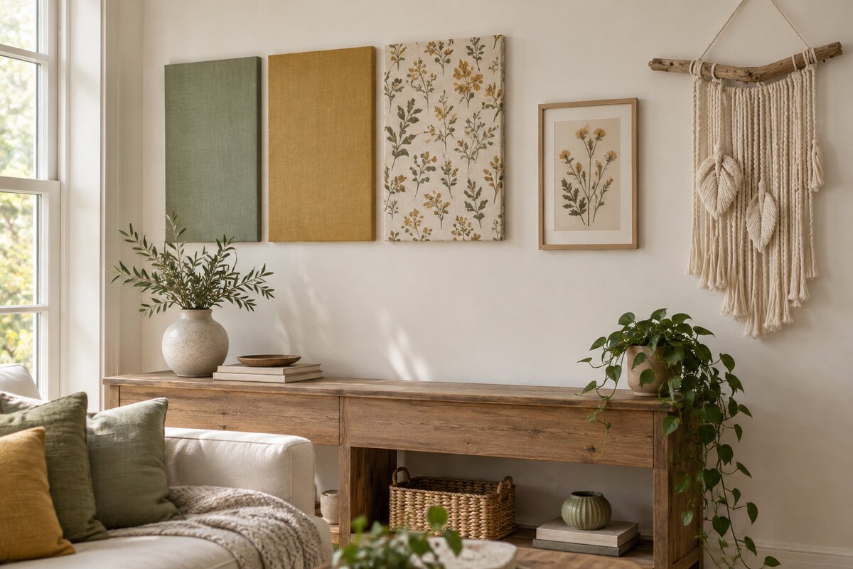 A living room wall with a fabric-wrapped canvas trio, a framed pressed-flower print and a yarn wall hanging on a driftwood branch