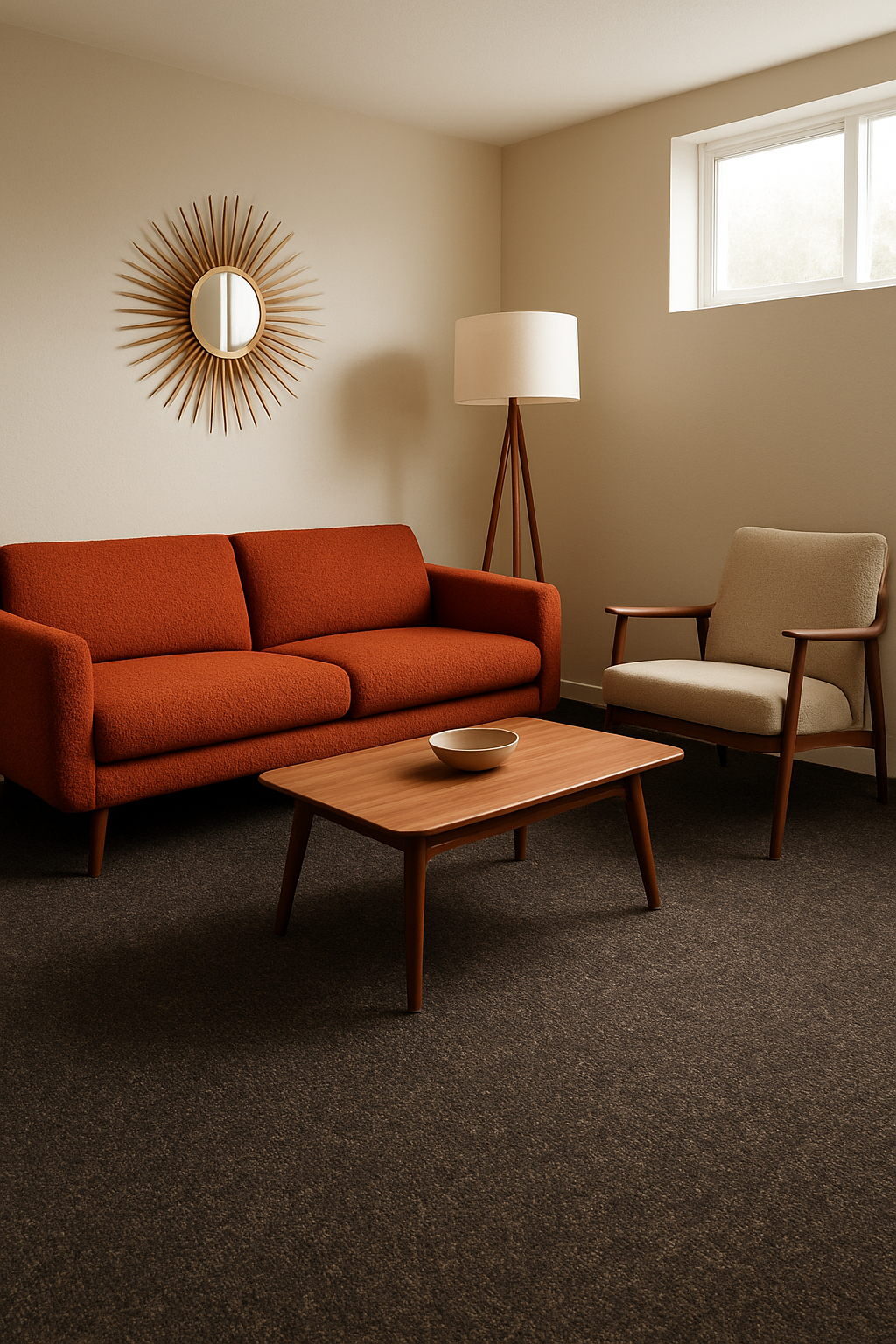 Dark multi-tonal carpet wall-to-wall in a mid-century modern basement family room with light neutral walls