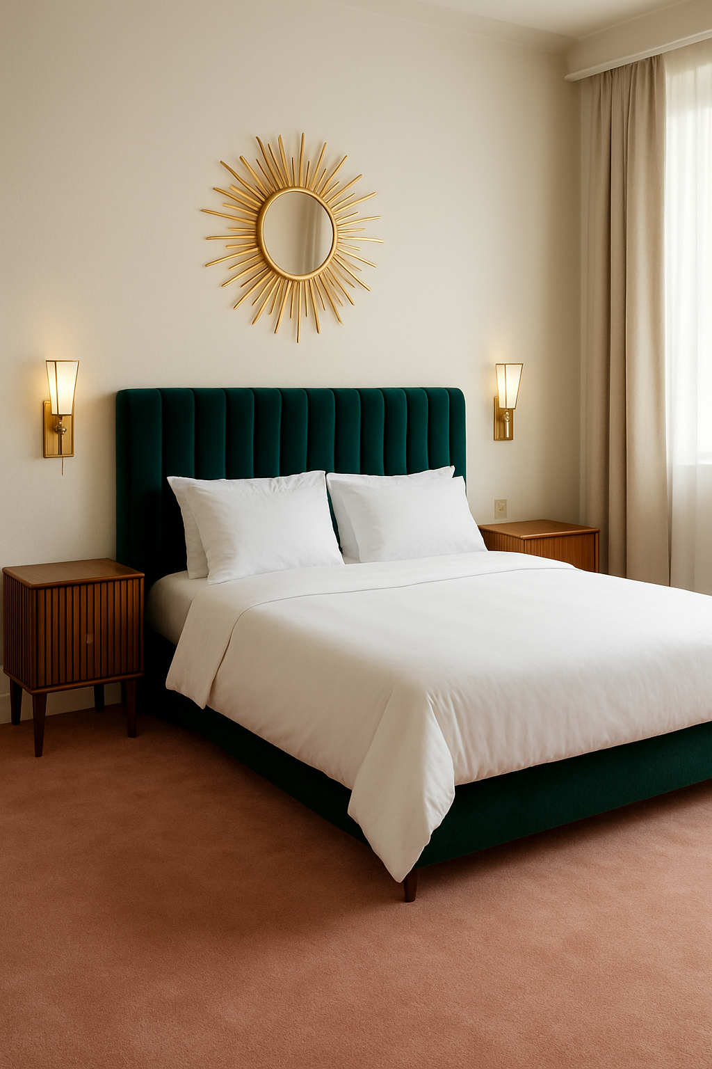 Blush-champagne carpet fills an art deco bedroom with emerald velvet headboard and sunburst mirror