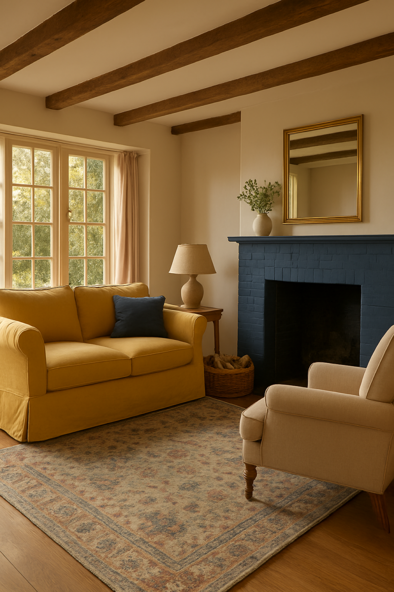 Butter yellow linen sofa and navy fireplace in an English cottage living room