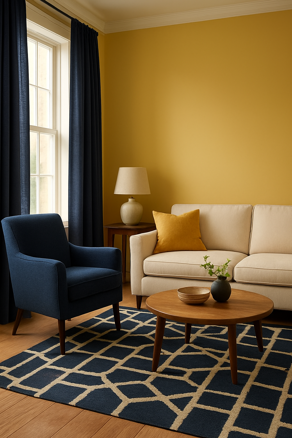 Butter yellow walls with navy drapes, a navy armchair and a navy rug