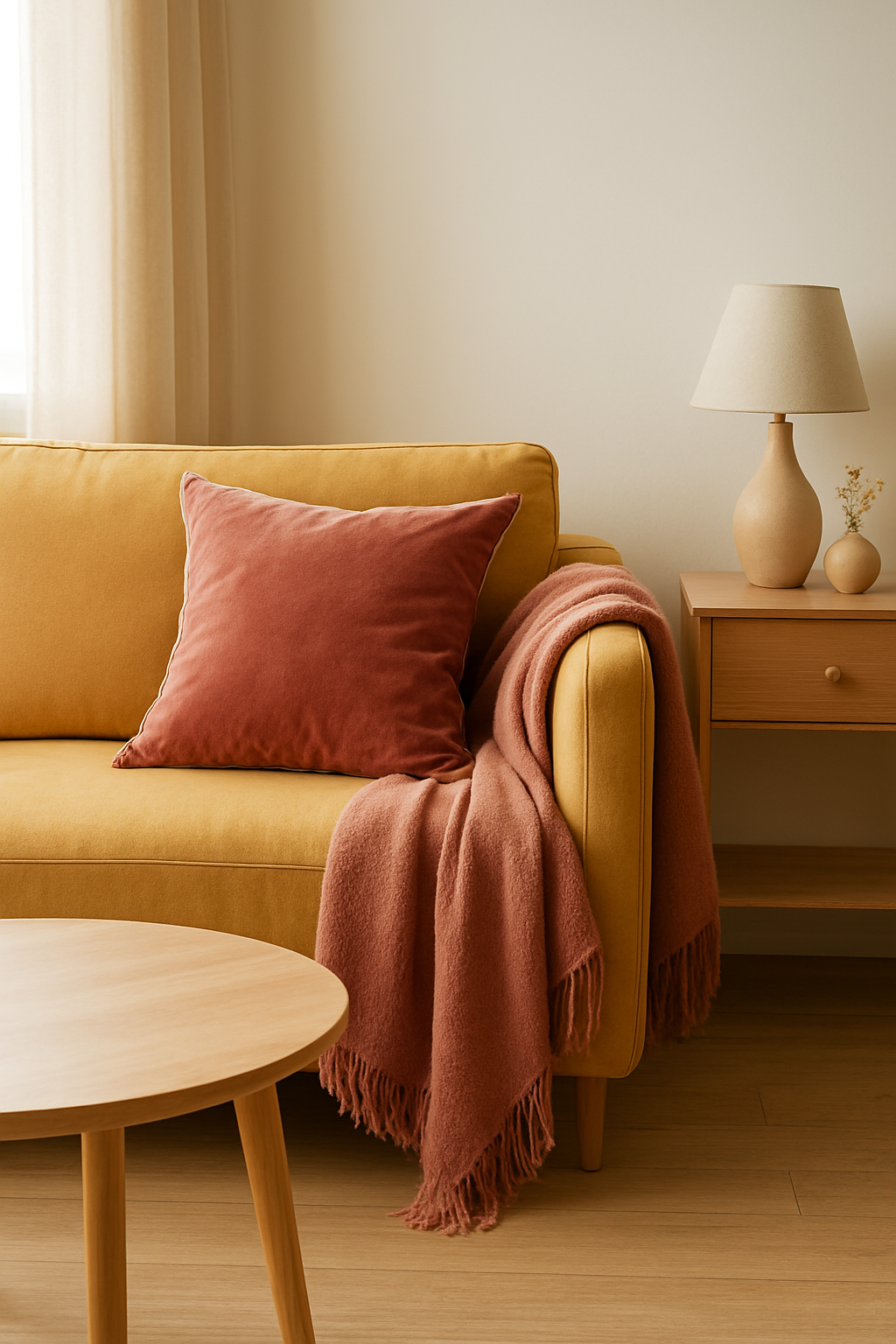 Dusty rose cushions on a butter yellow sofa in a vintage-style living room