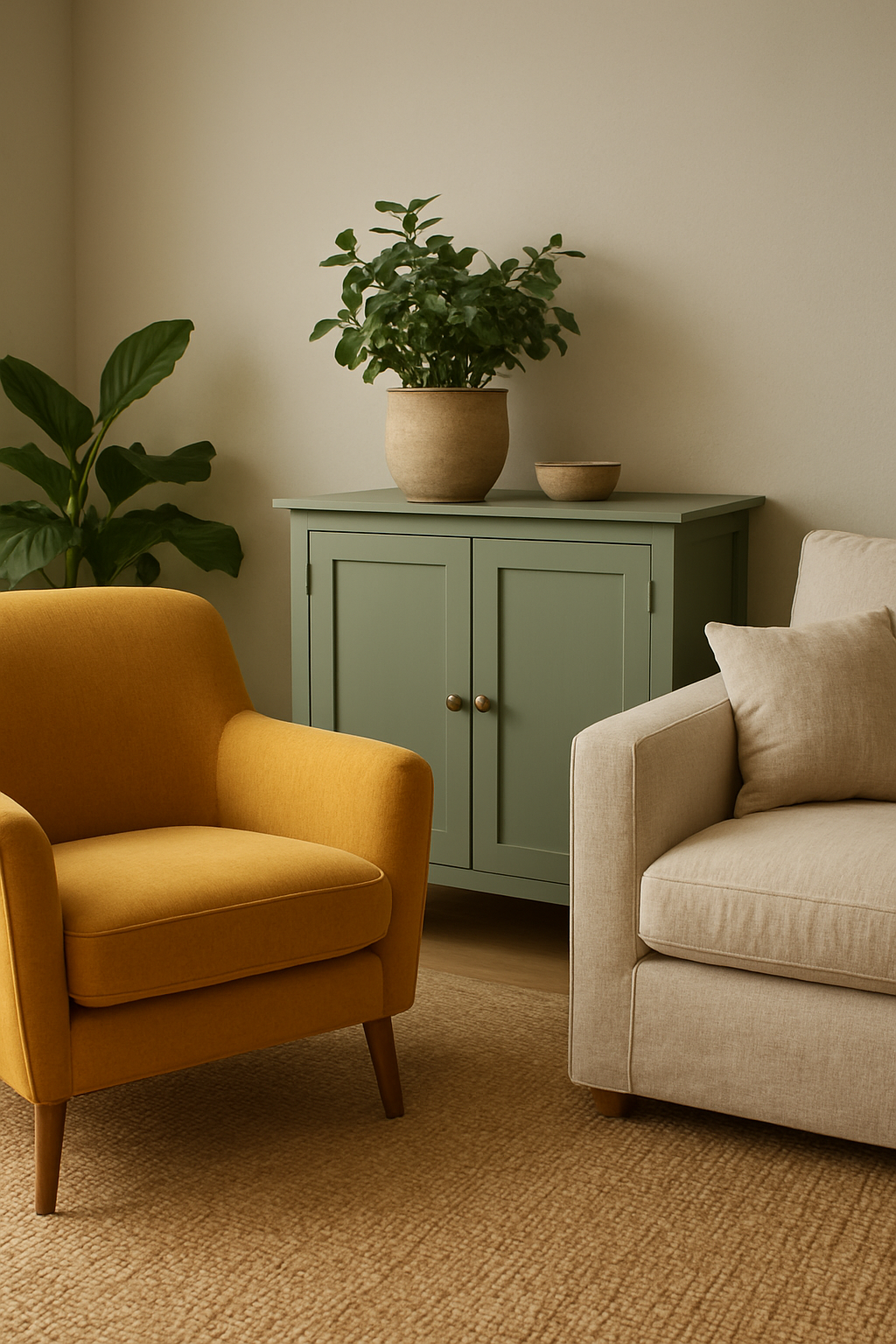 Butter yellow armchair beside sage green cabinets in a calm living room