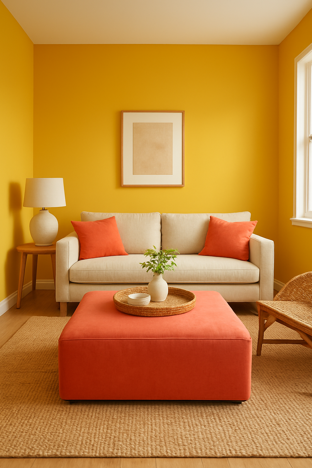 Bold butter yellow walls with coral pillows and ottoman, wide living room view
