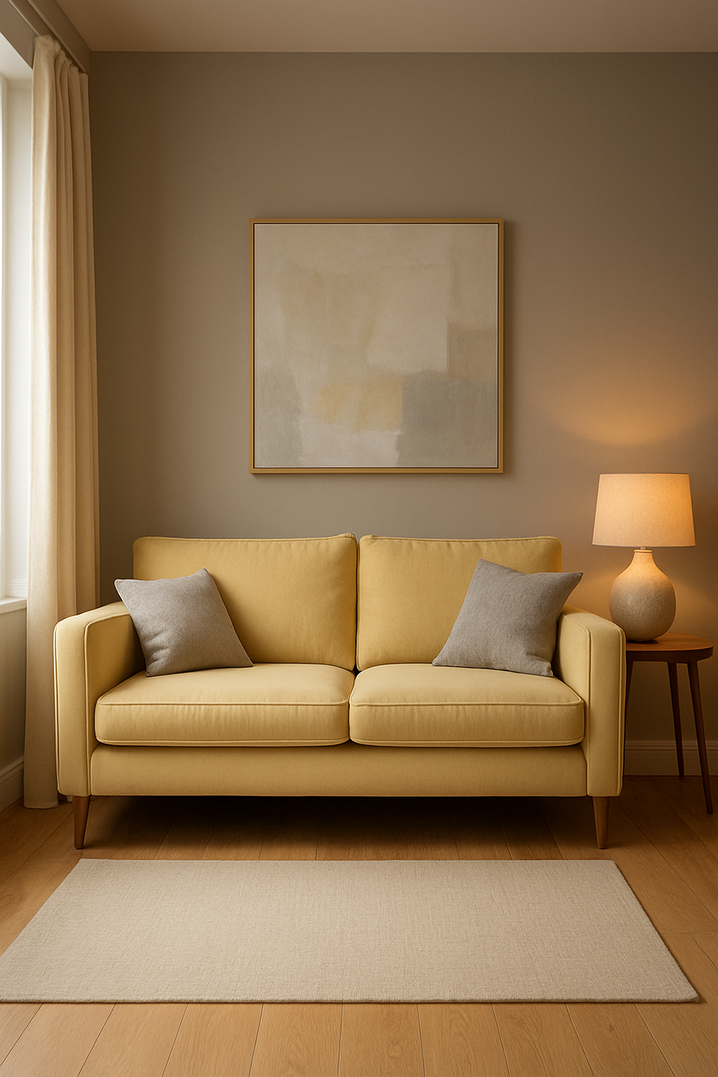 Butter yellow sofa against warm greige walls in lamp light