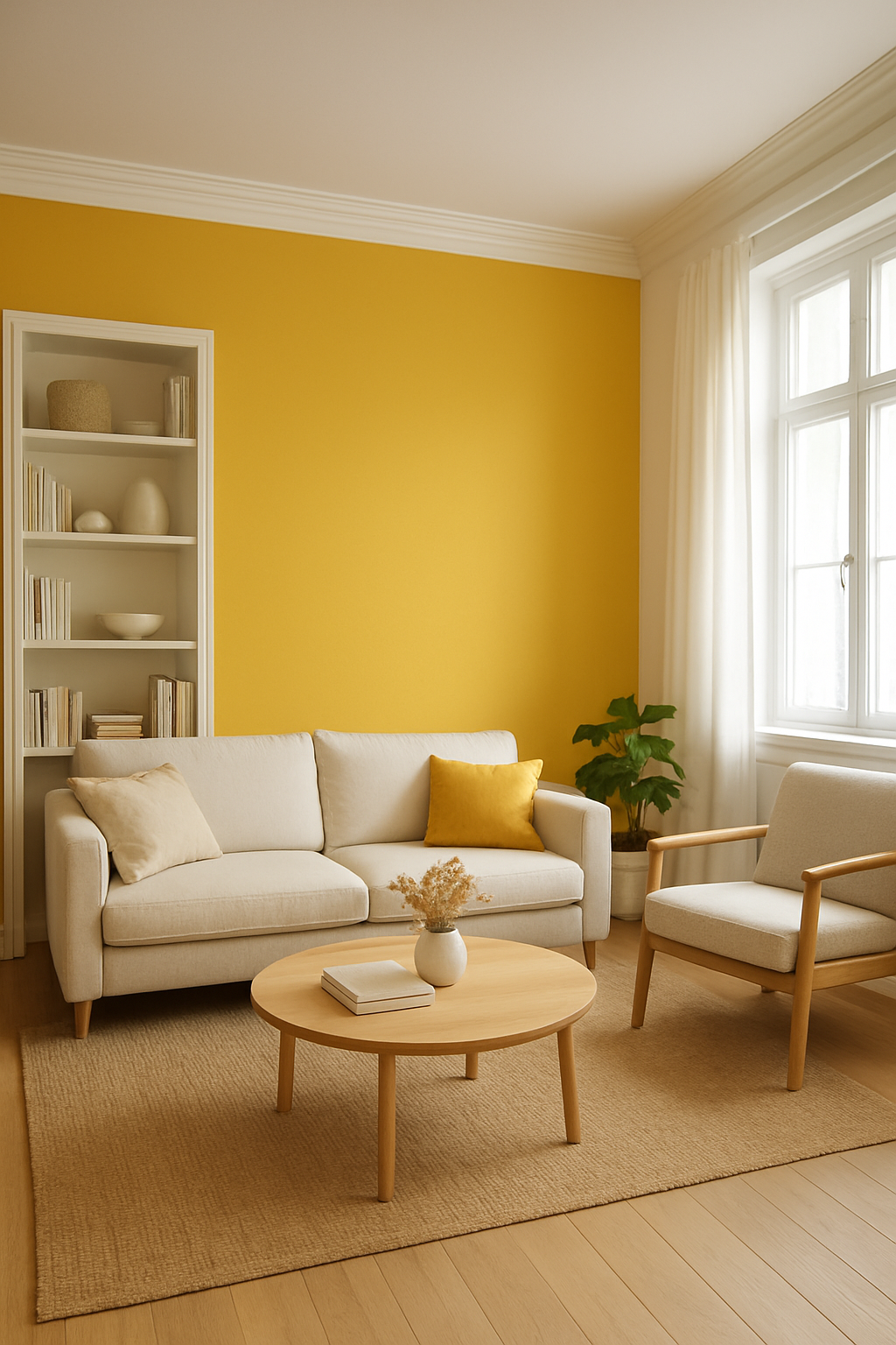 Saturated butter yellow wall framed by white trim and a white ceiling