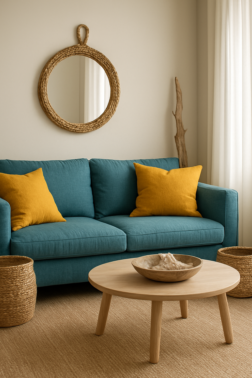 Teal sofa with butter yellow cushions in a coastal-style living room
