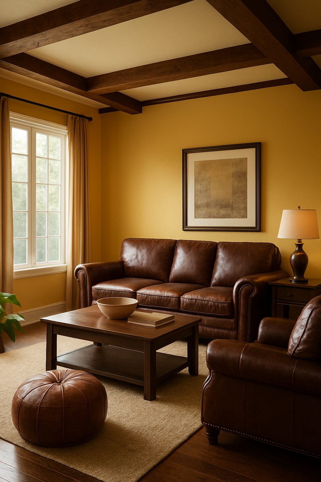 Chocolate brown leather furniture against butter yellow living room walls