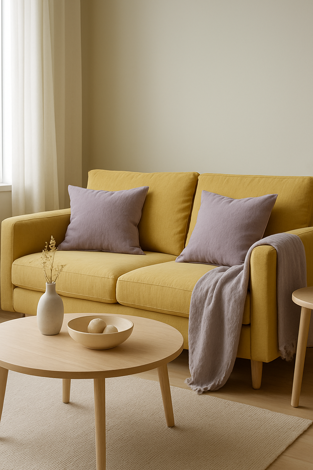Butter yellow sofa with dusty lavender pillows and a lavender throw