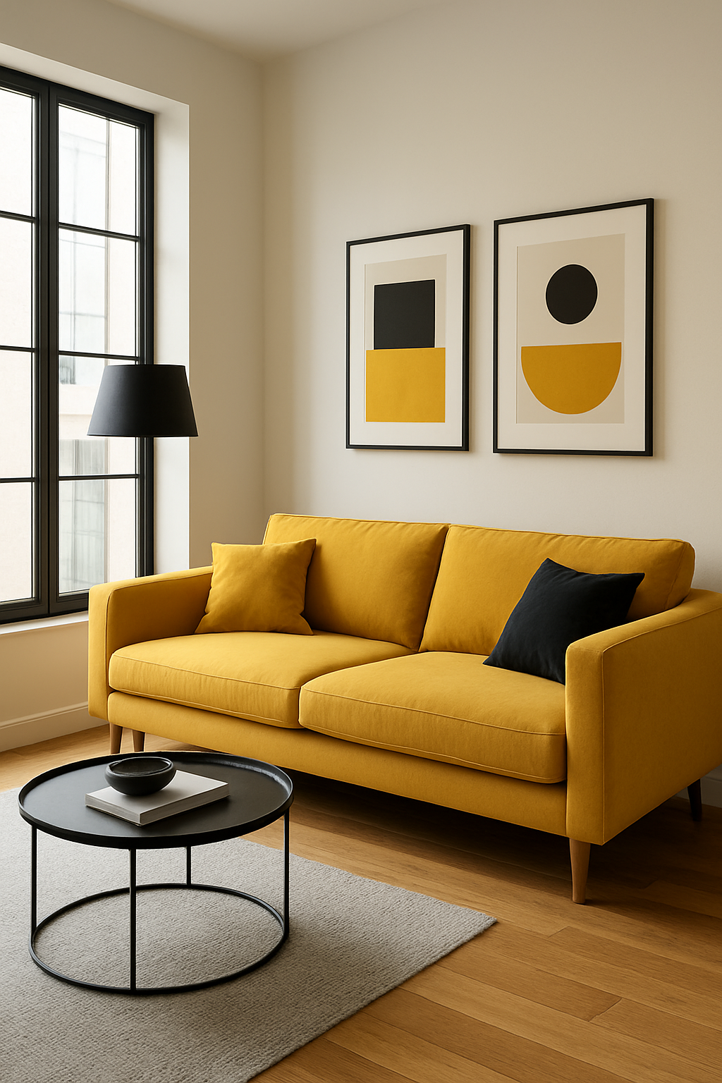 Butter yellow sofa with thin black window frames and black picture frames
