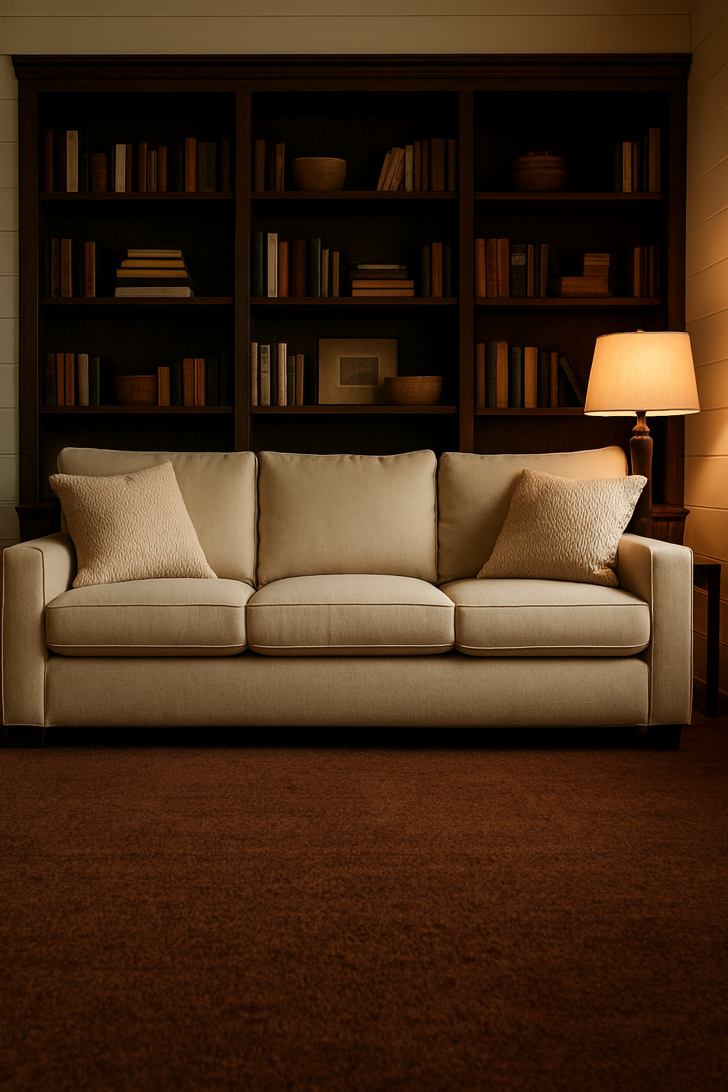 Cream sofa against bookshelves on wall-to-wall rich brown carpet, farmhouse den