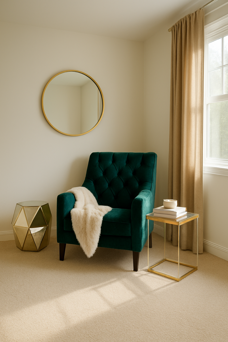 Off-white walls and beige carpet in a glam reading nook with velvet armchair